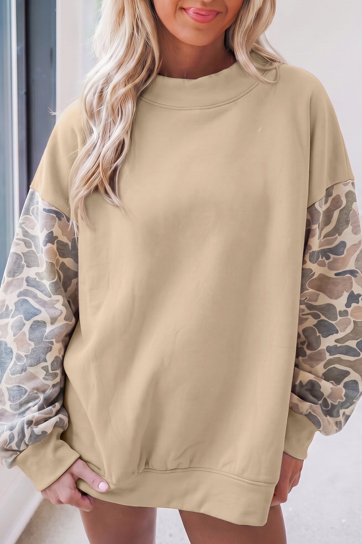 Camouflage Sleeve Baggy Pullover Sweatshirt