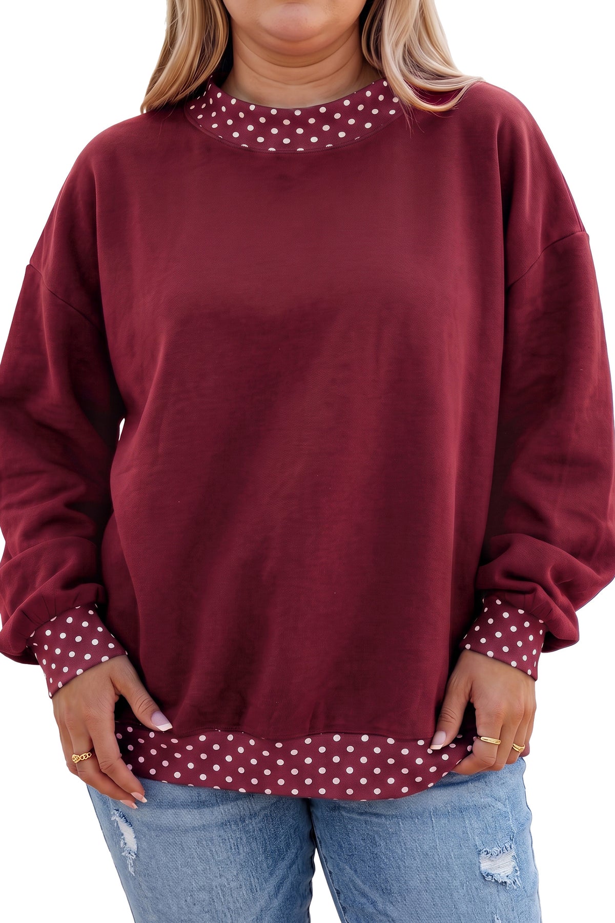 Polka Dot Patchwork Round Neck Plus Size Sweatshirt