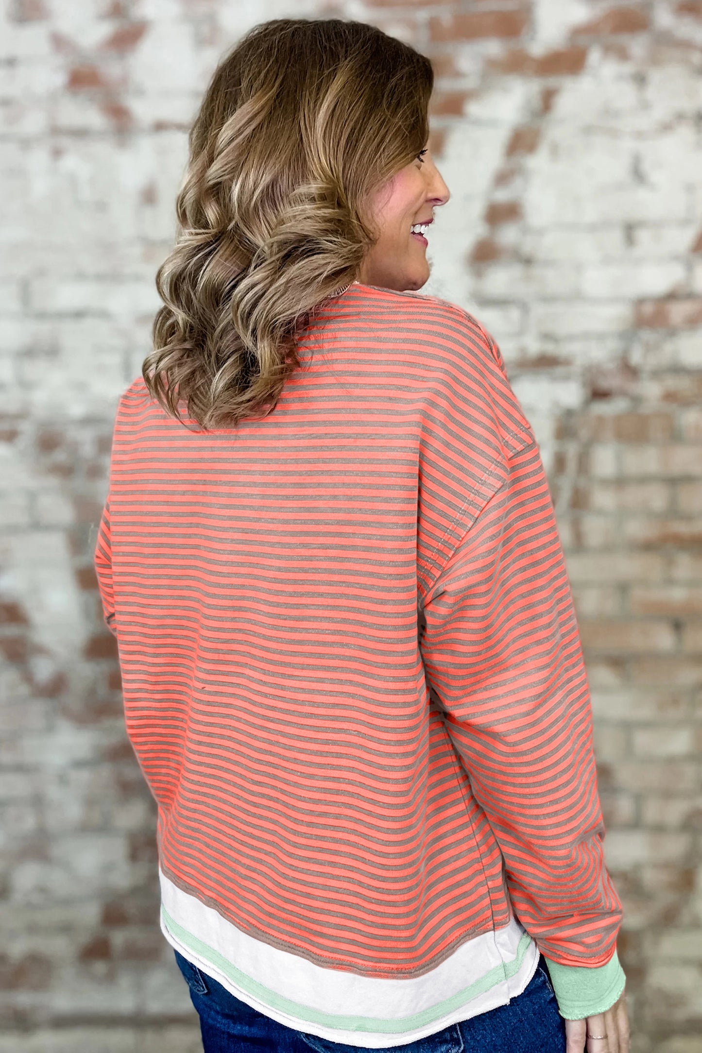 Orange Stripe Colorblock Detail Raw Seam Long Sleeve Top
