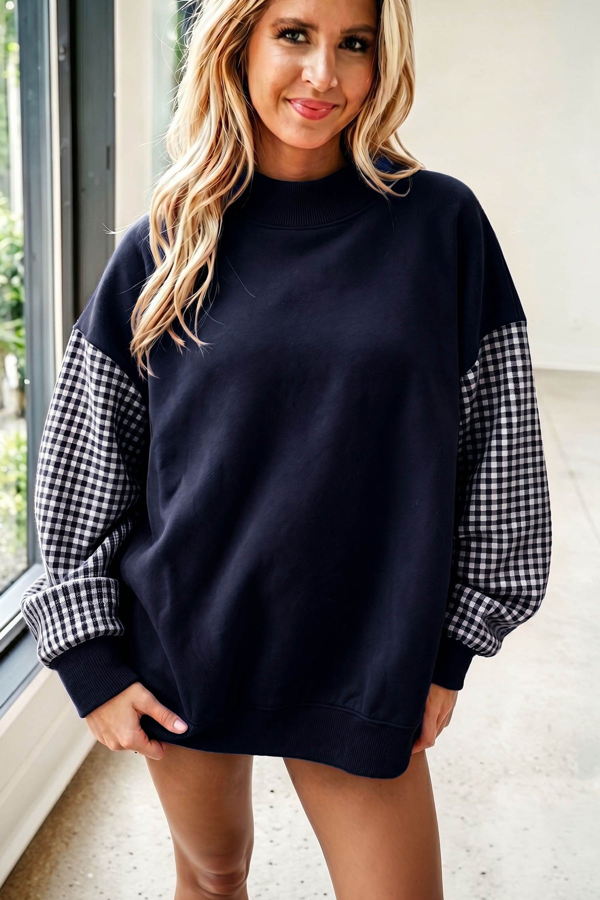 Plaid Sleeve Colorblock Loose Tunic Sweatshirt