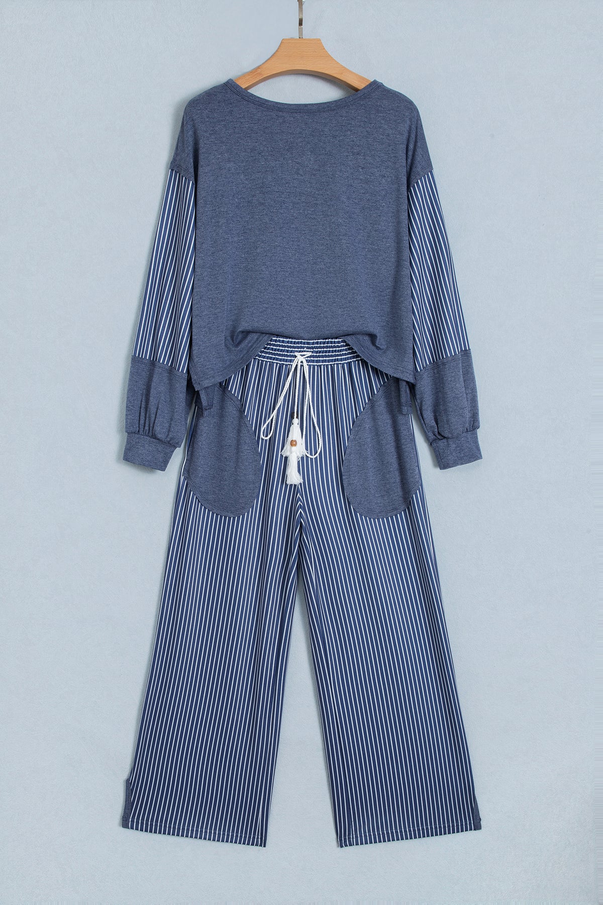 Raw Seam Patchwork Long Sleeve Top Pocket Casual Pants Set