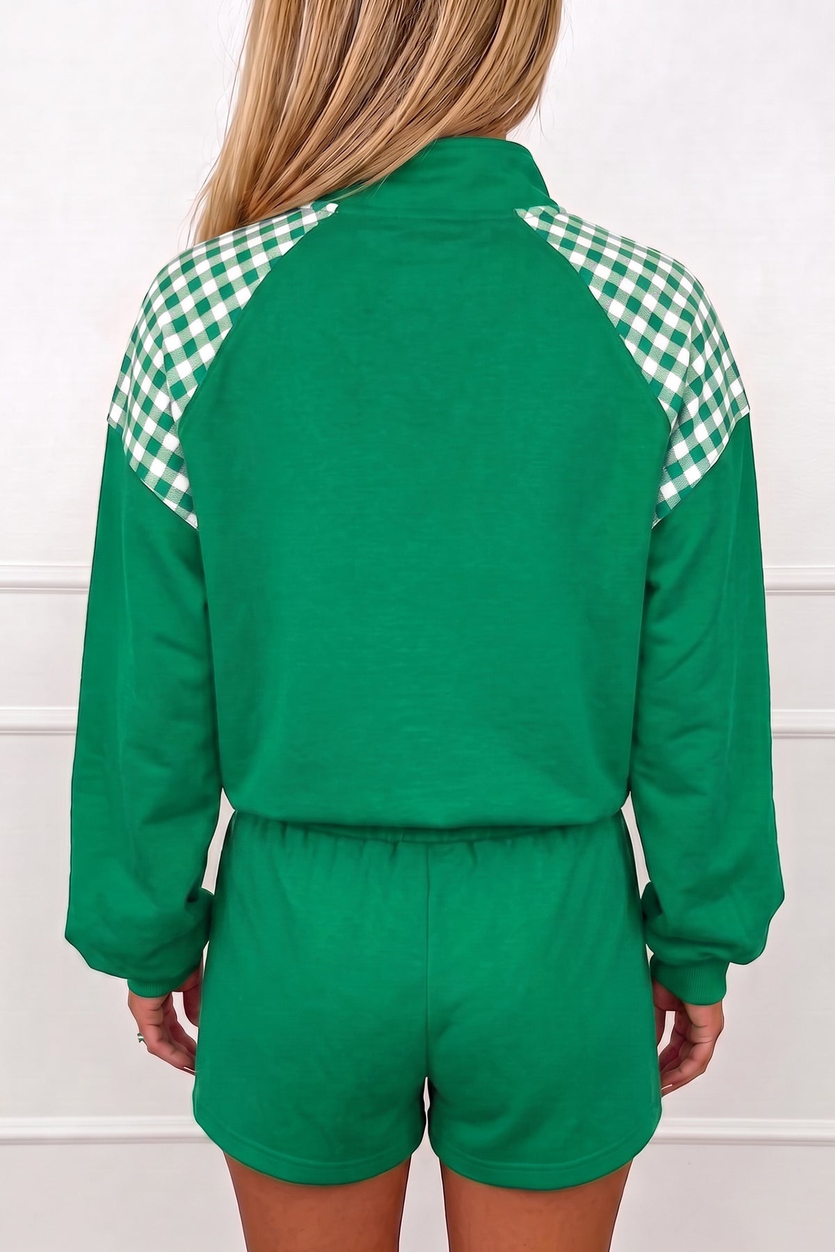 Plaid Patchwork Half Zip Pullover Drawstring Short Set