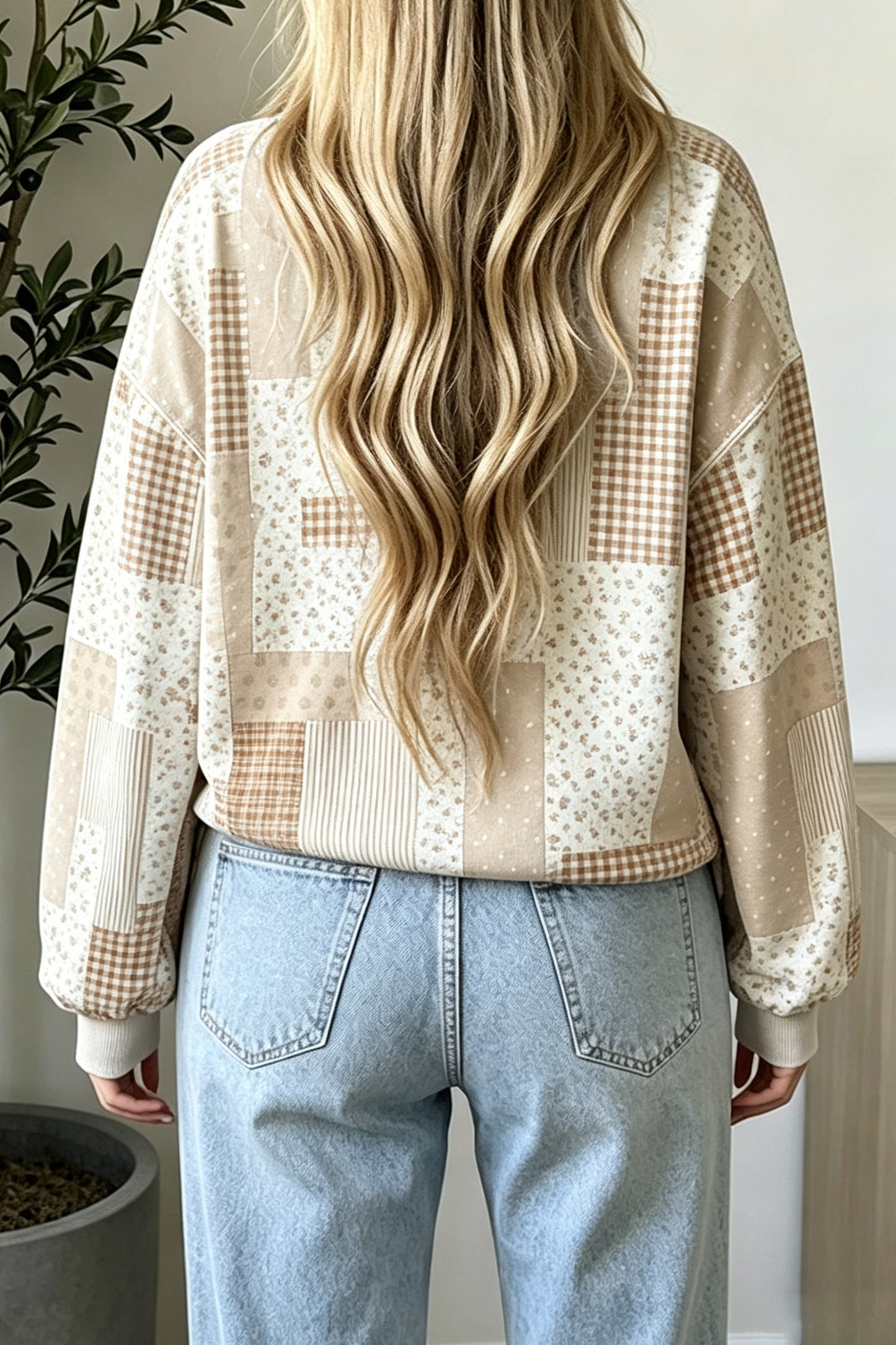 Patchwork Floral Print Mock Neck Long Sleeve Sweatshirt