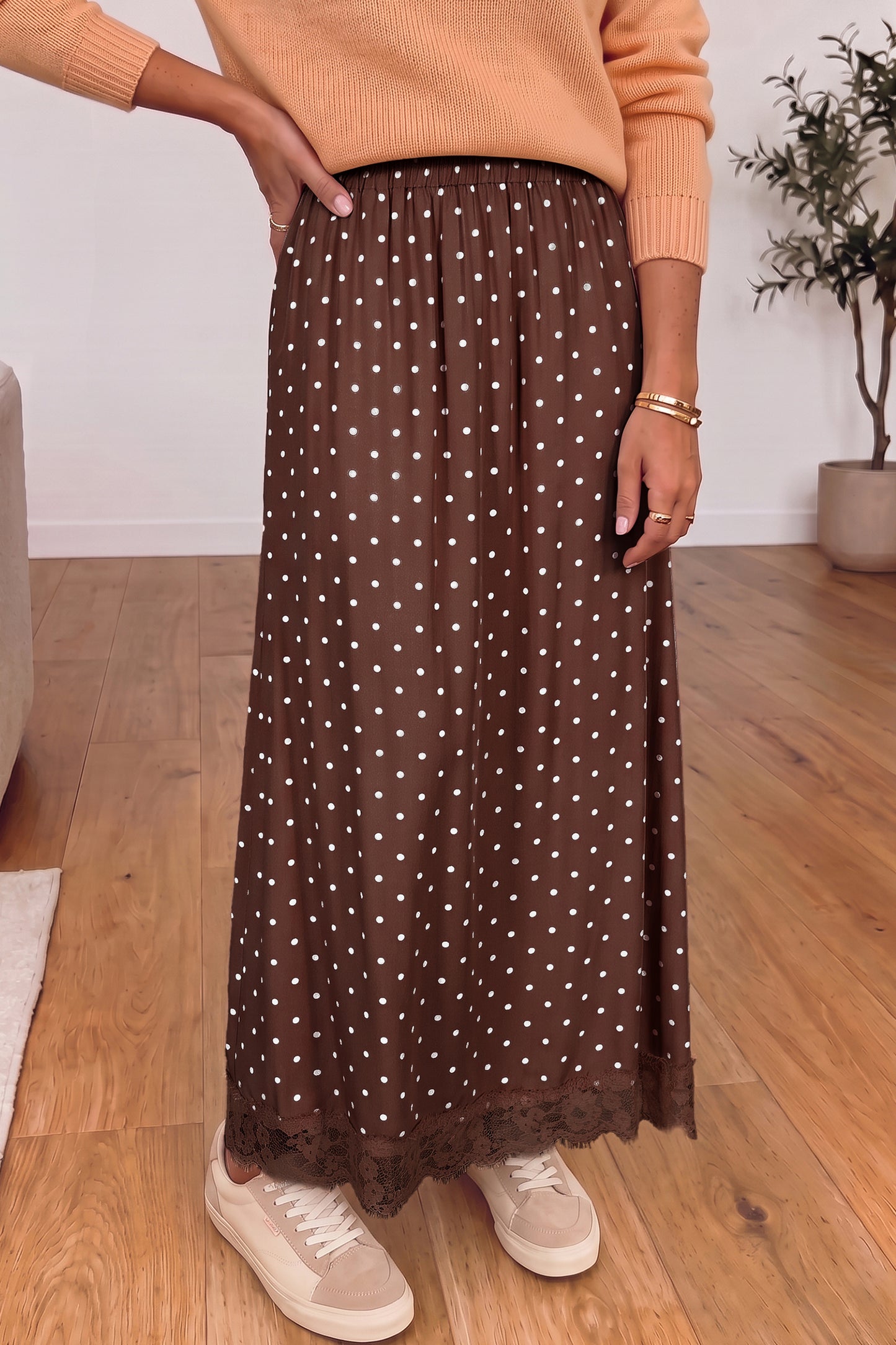 Polka Dot Lace Hem Elegant Long Shift Skirt