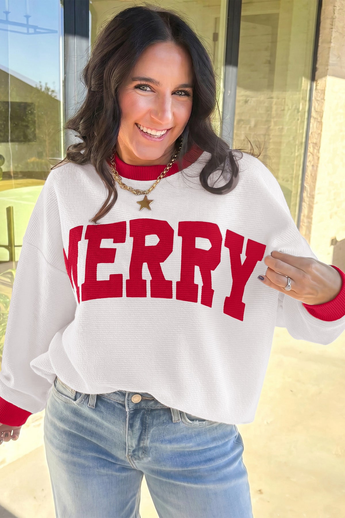 Beige Color Block Trim Merry Sweatshirt