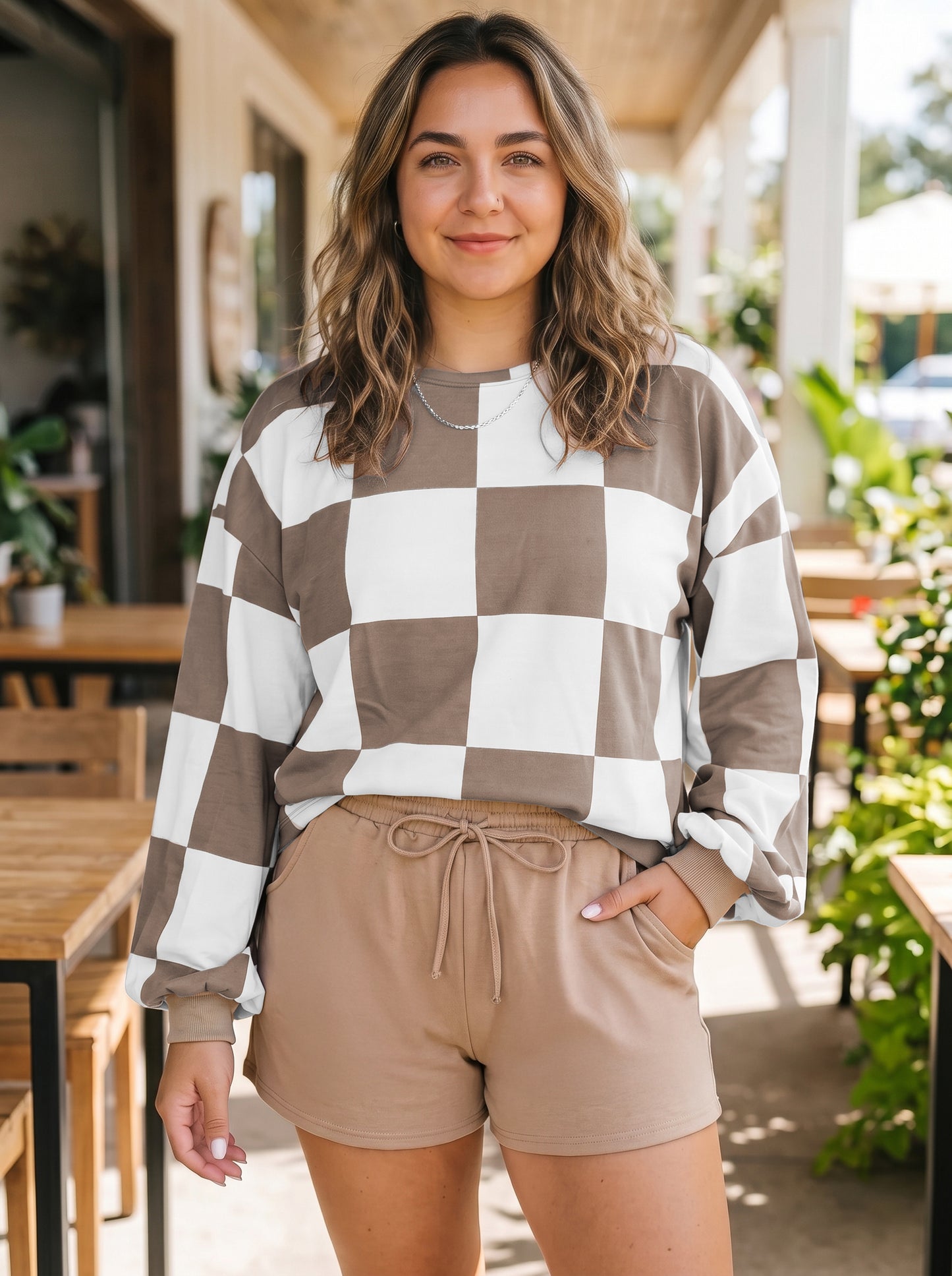 Checkered Contrast Long Sleeve Top Solid Shorts Set