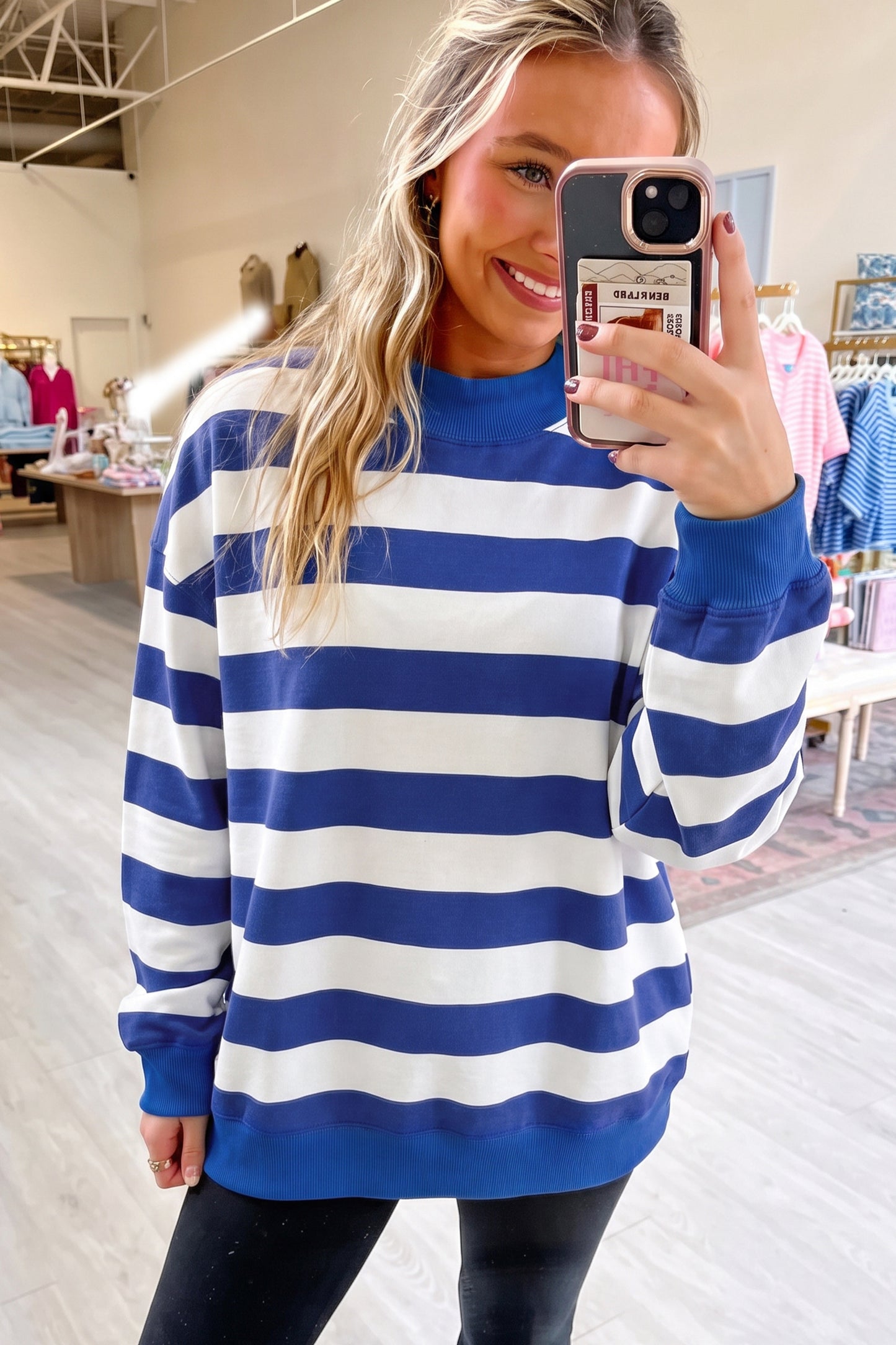 Blue Stripe Colorblock Mock Neck Relaxed Sweatshirt