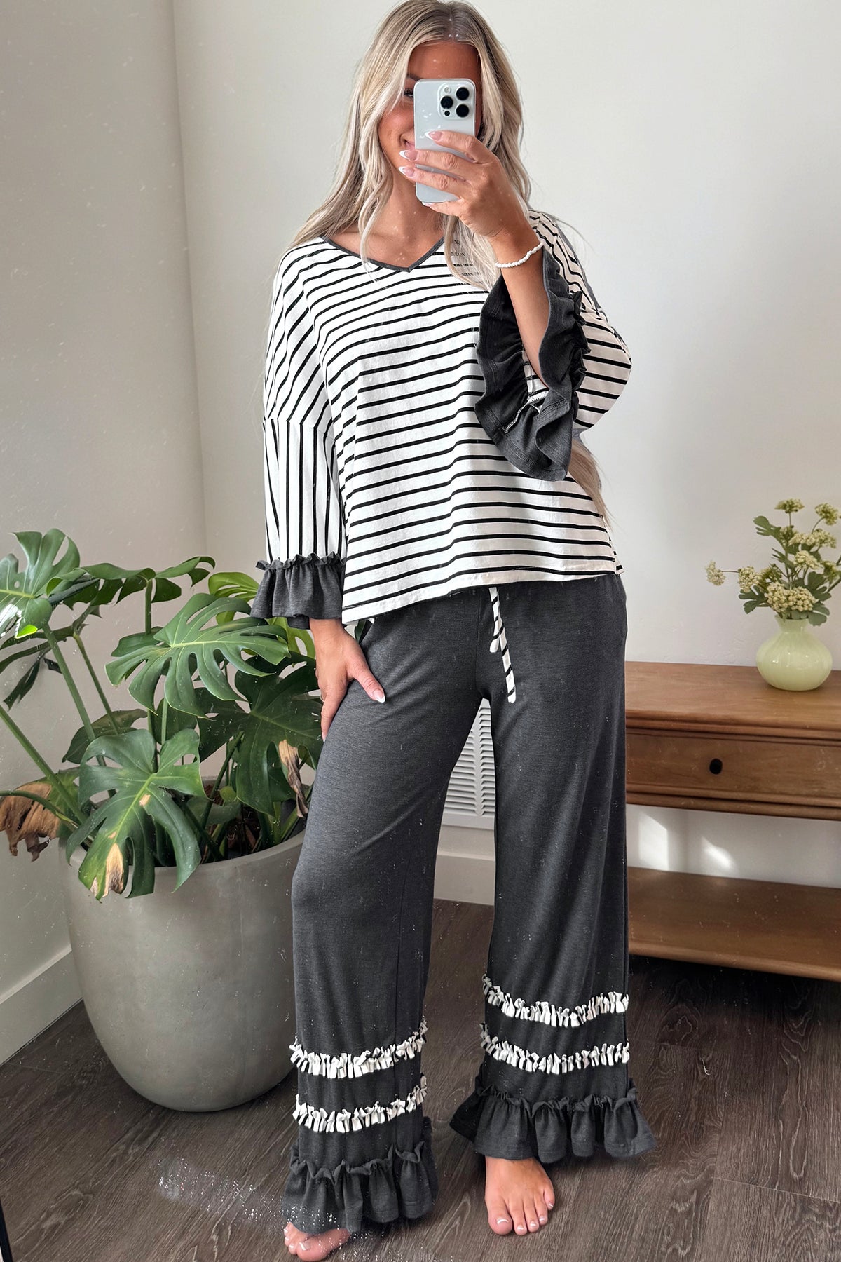 Striped V Neck Ruffle Contrast Sleeve Top Drawstring Pants Set