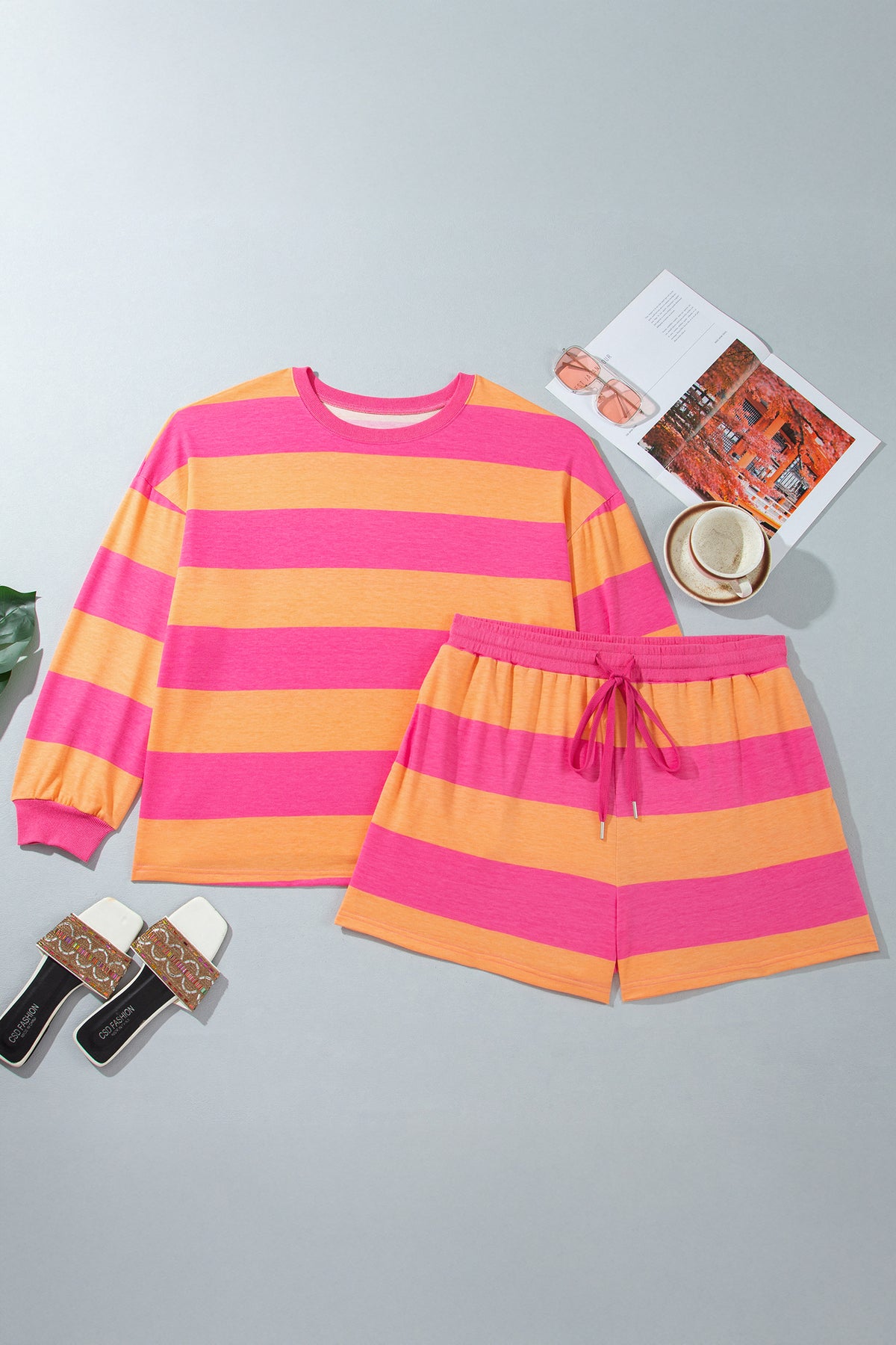Pink + Orange Stripe Plus Size Long Sleeve Top Drawstring Short Set
