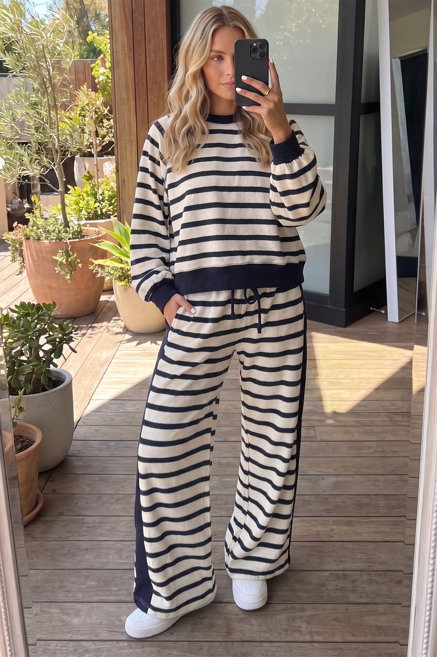 Striped Relaxed Long Sleeve Top Color Block Detail Drawstring Pant Set