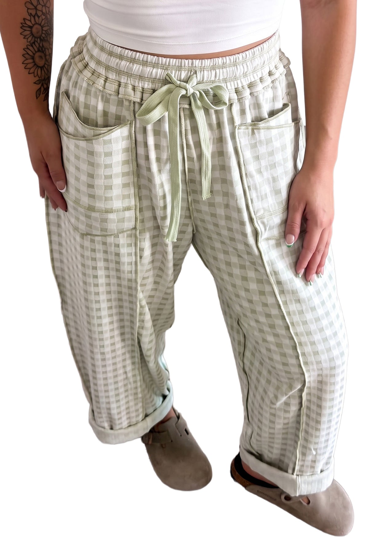 Plaid Contrast Trim Drawstring Elastic Waist Shift Pants