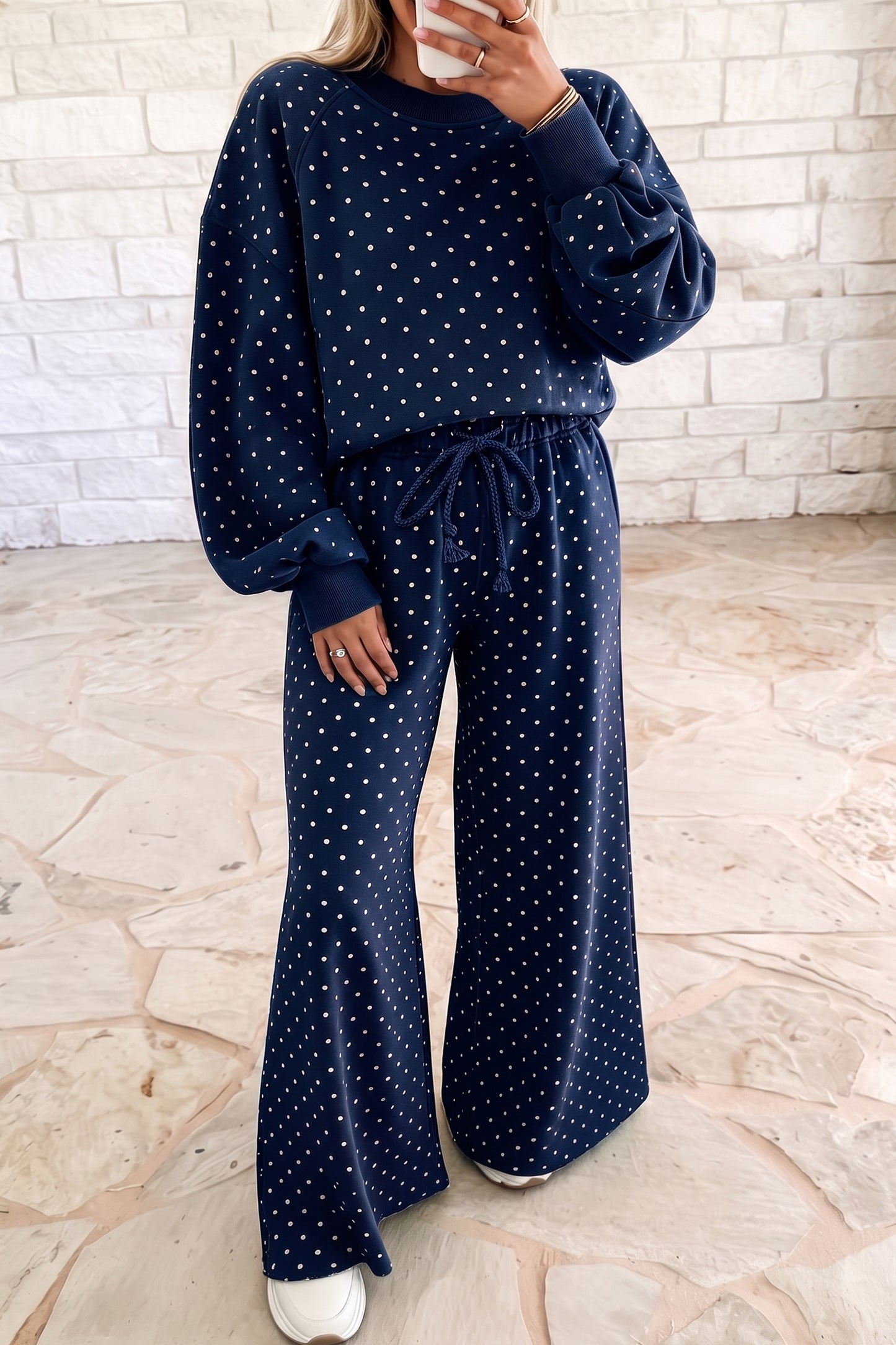 Polka Dot Drawstring Wide Leg Long Sleeve Top Pant Set