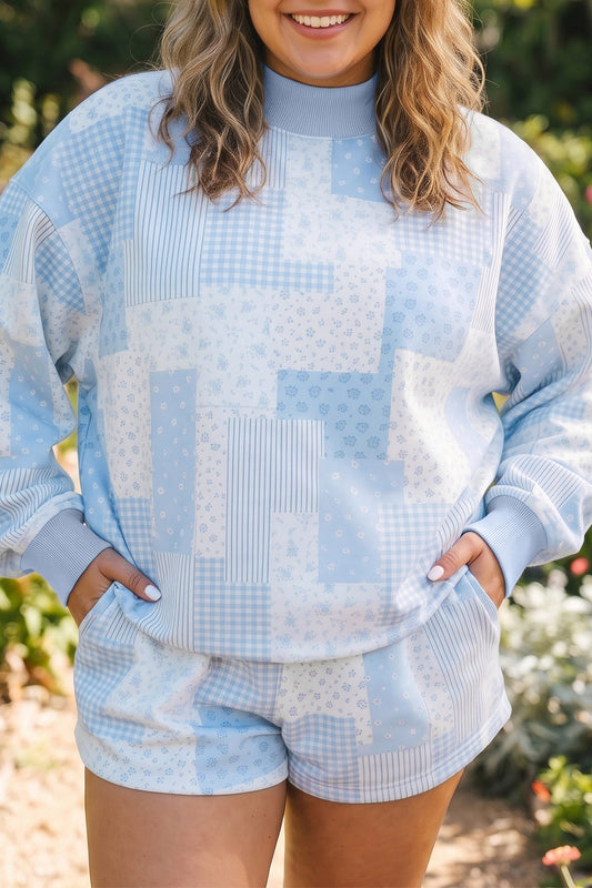 Sky Blue Patchwork Floral Print Stand Neck Long Sleeve Two-piece Outfit Plus Size Set