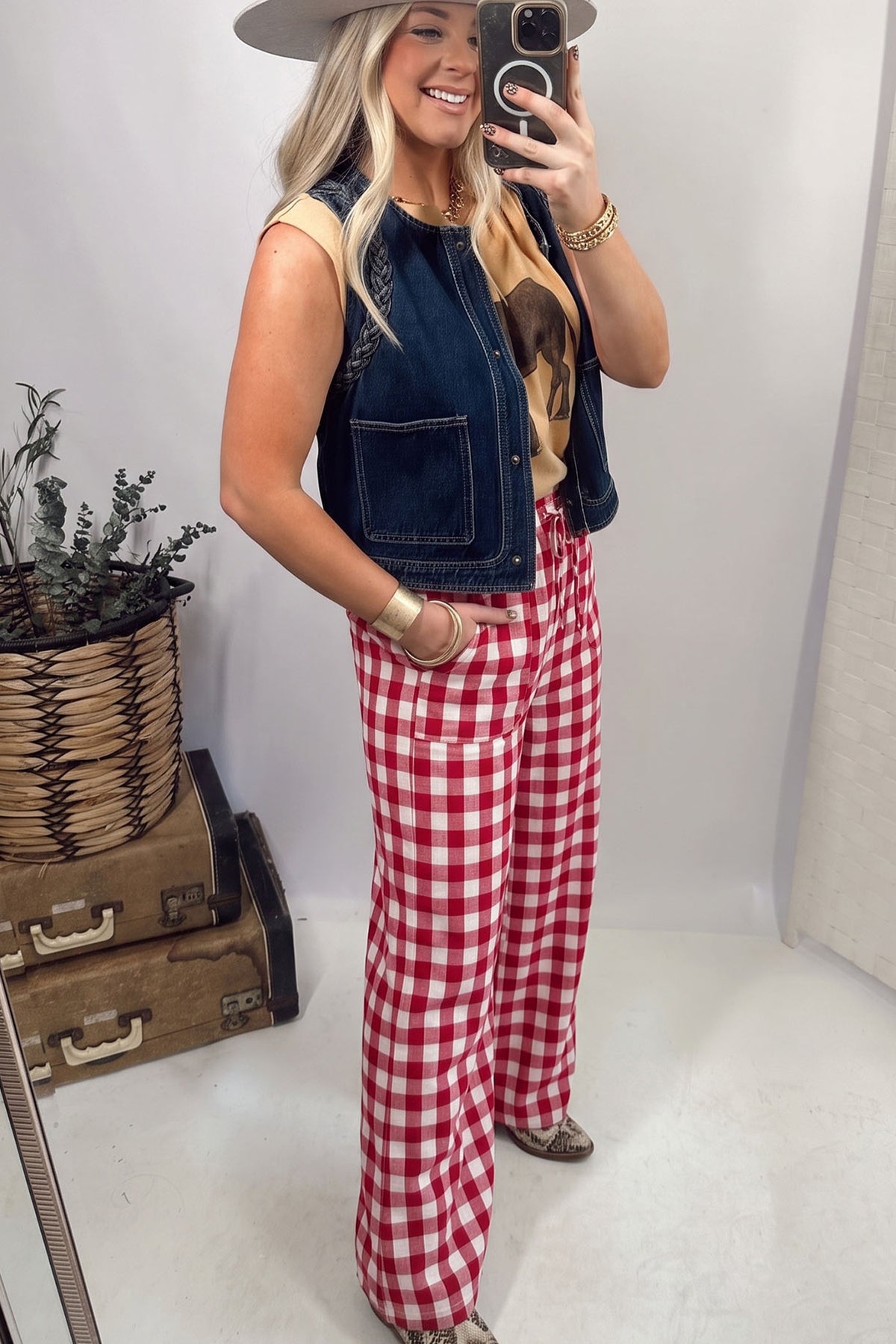 Gingham Plaid Tie Elastic Waist Shift Pants