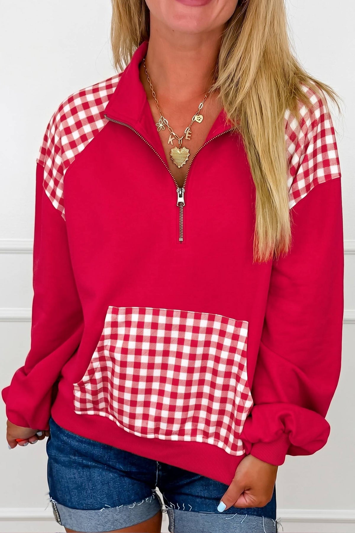 Patchwork Plaid Pocket Quarter Zip Sweatshirt