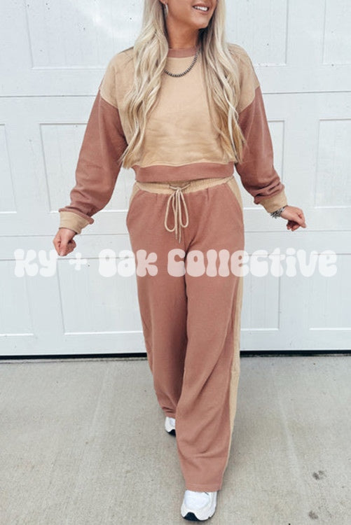 Color Block Long Sleeve Crop Top + Pant Set