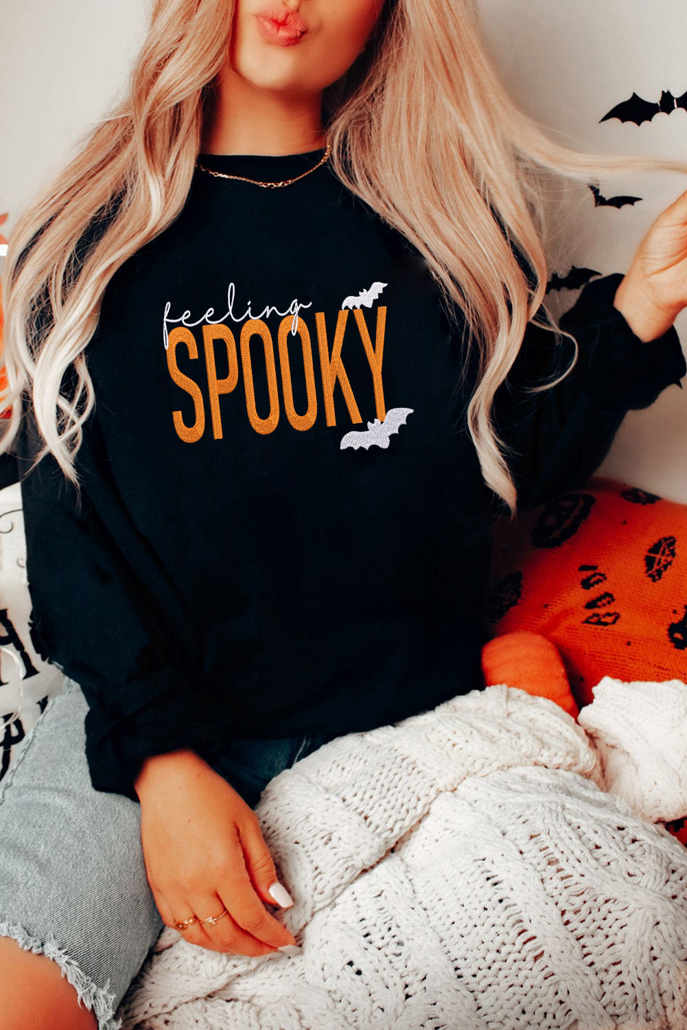 Feeling Spooky Halloween Embroidered Graphic Baggy Sweatshirt