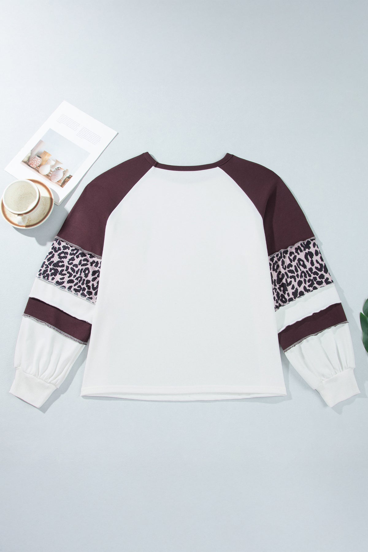 Beige Leopard Print Colorblock Round Neck Long Sleeve Top