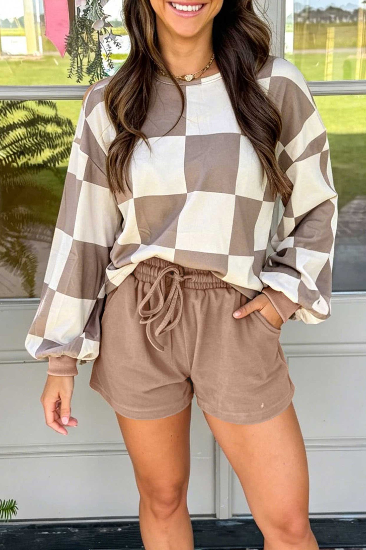 Checkered Long Sleeve Solid Color Shorts Set