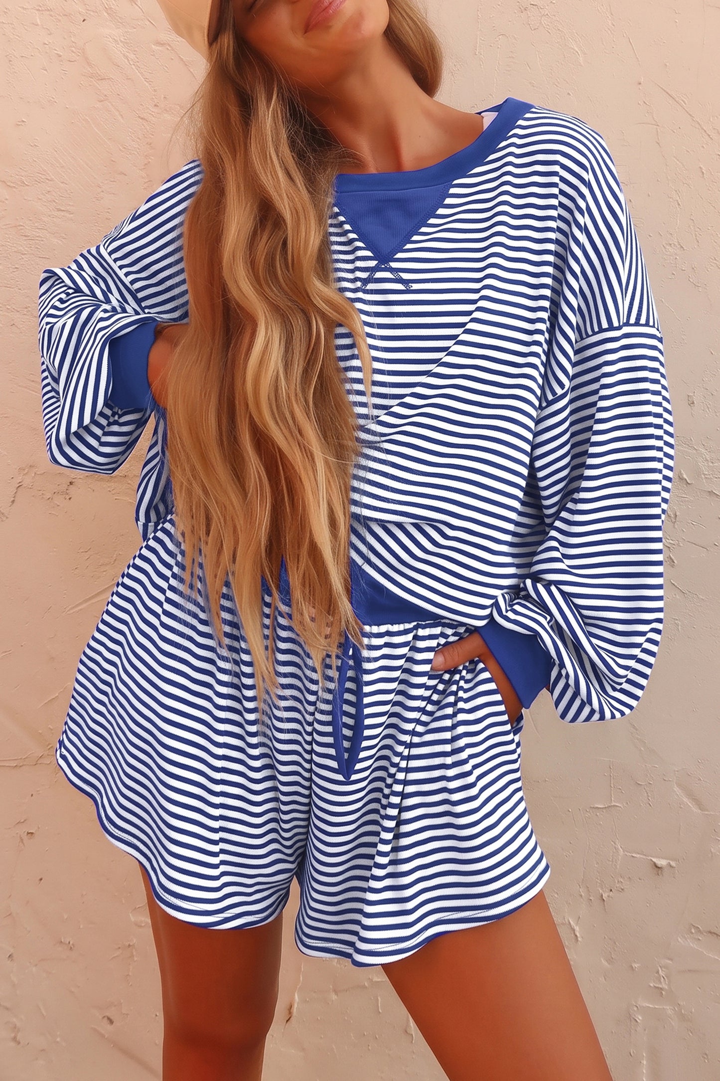 Striped Oversized Long Sleeve Top Drawstring Loose Shorts 2pcs Set