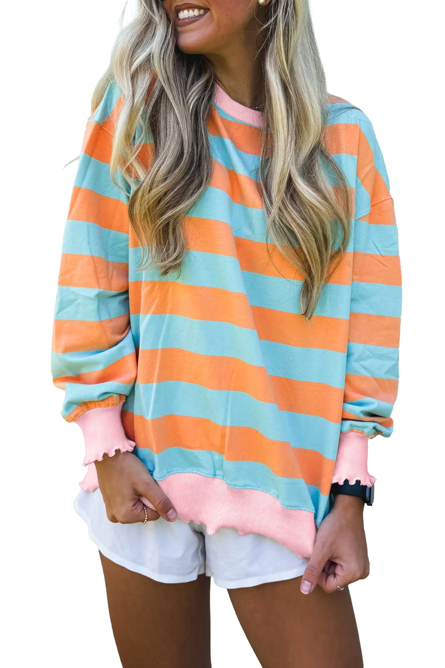 Striped Ribbed Color Block Trim Long Sleeve Top
