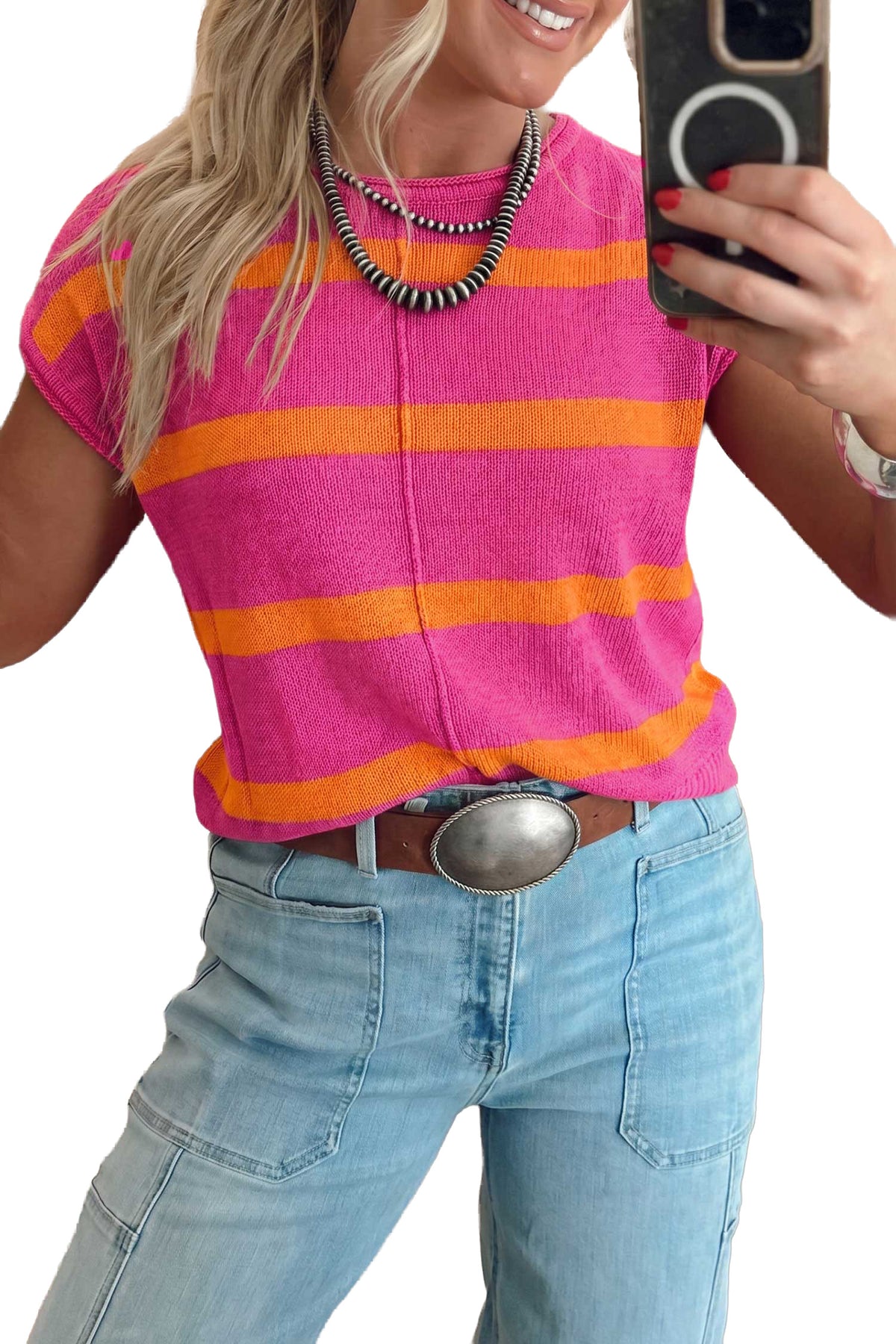 Striped Knit Short Sleeve Sweater
