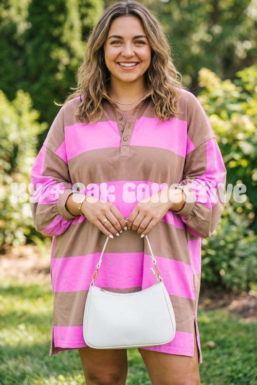 Pink + Brown Stripe Long Sleeve T-Shirt Dress