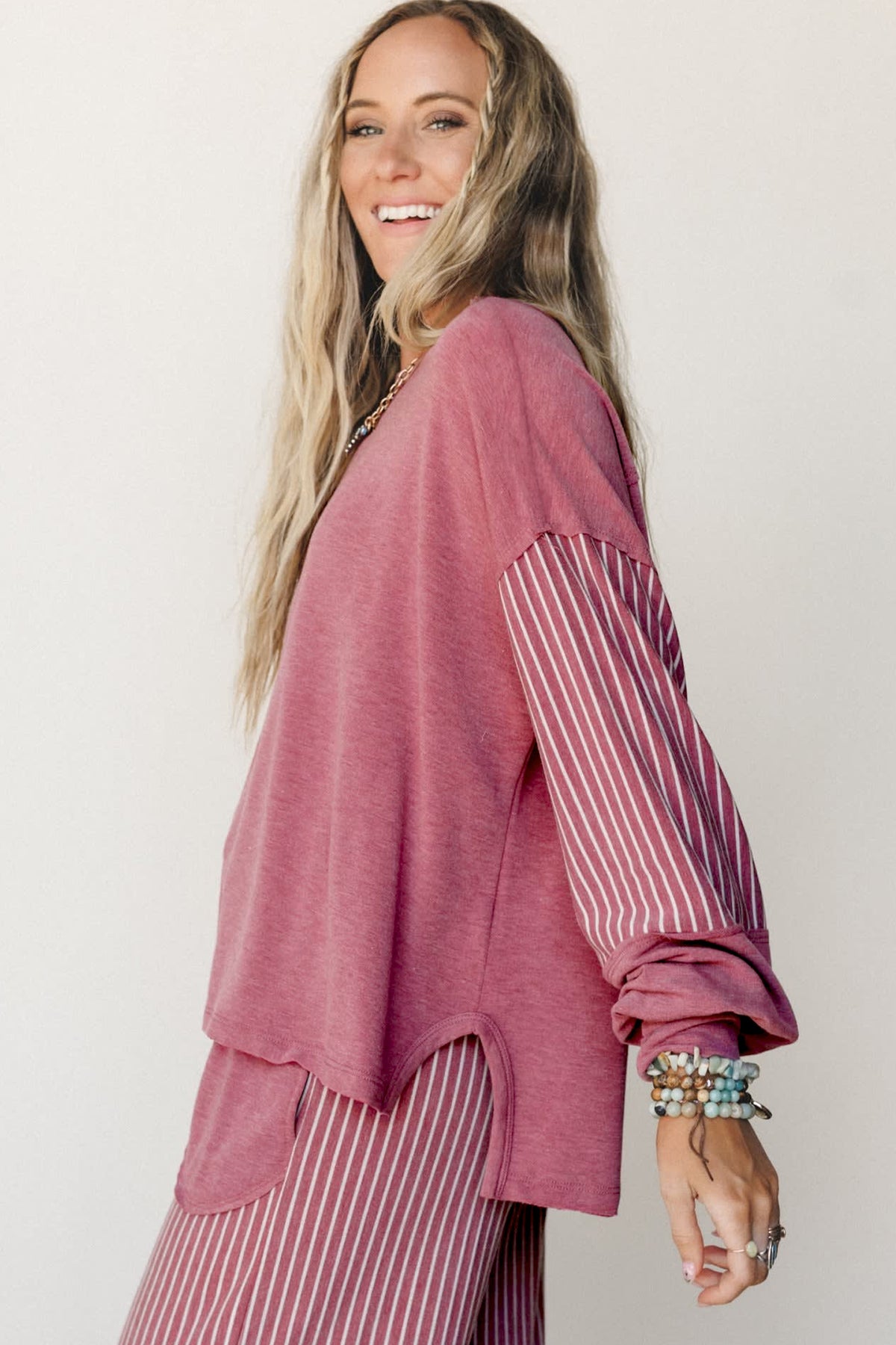 Raw Seam Patchwork Long Sleeve Top Pocket Casual Pants Set