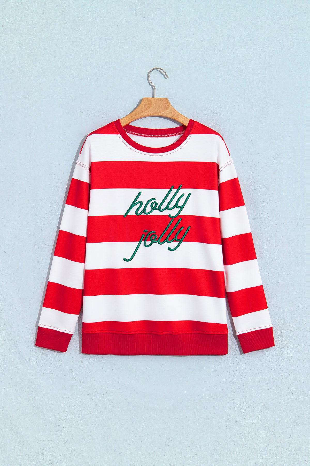 Striped Holly Jolly Embroidered Pullover Sweatshirt