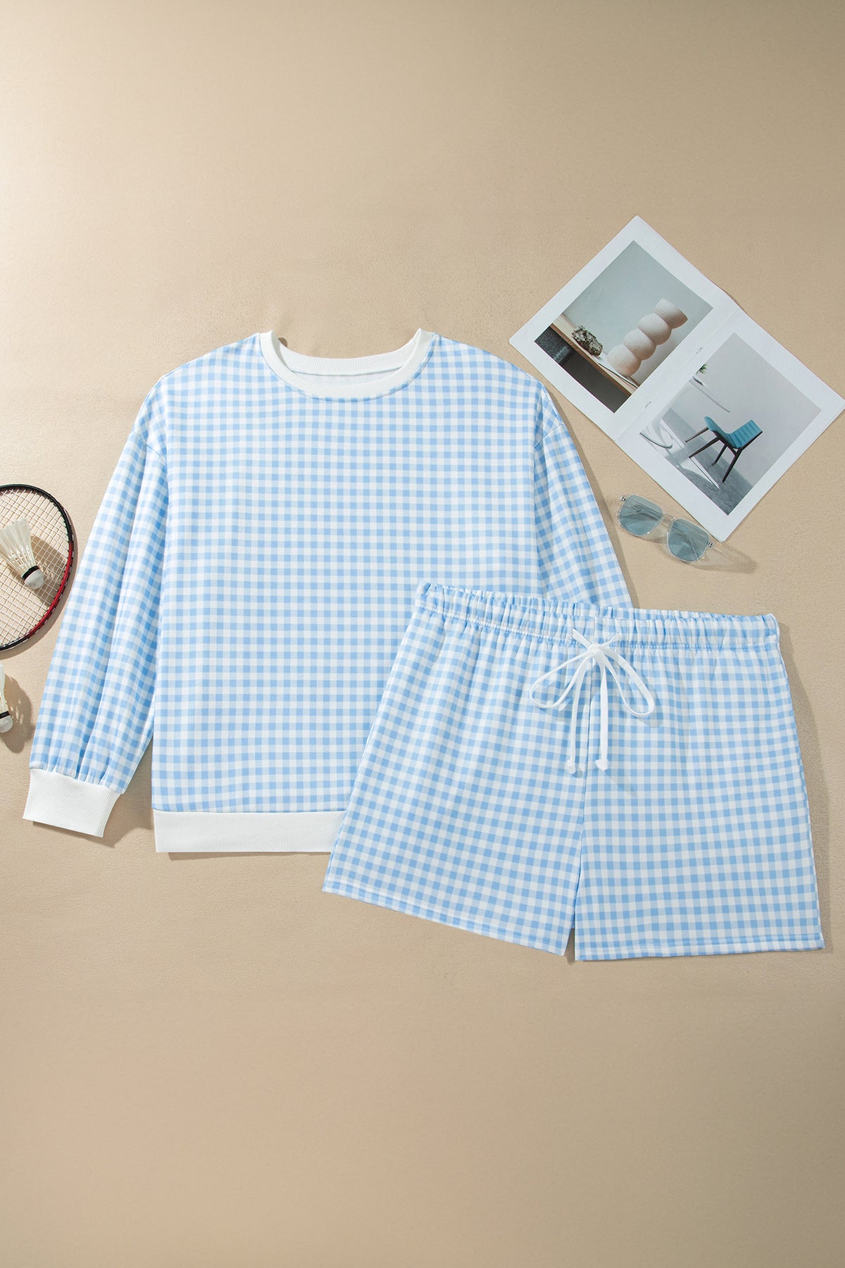 Gingham Loose Pullover Top Drawstring Shorts Plus Size Set
