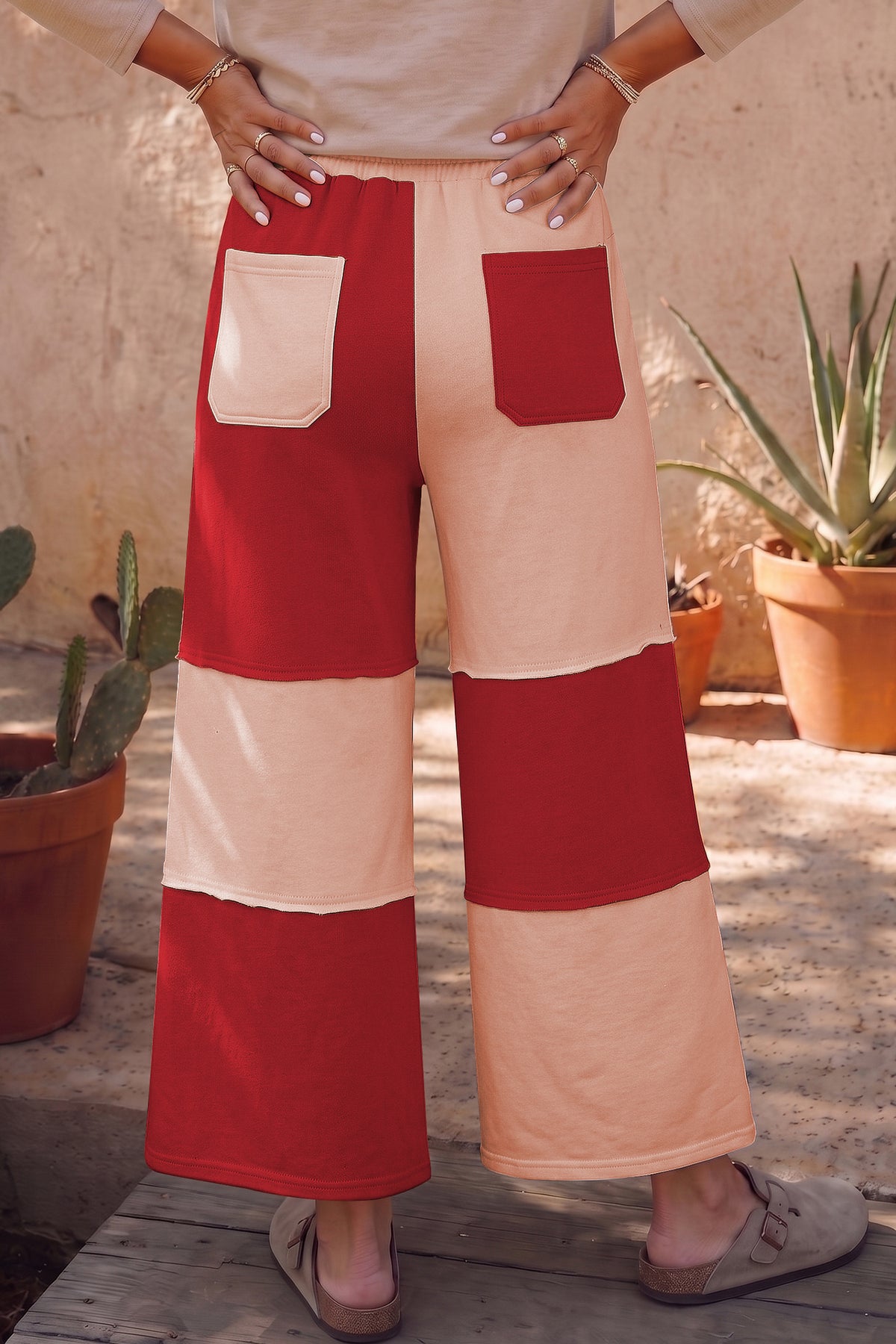 Raw Seam Colorblock Wide Leg Ankle Length Pants