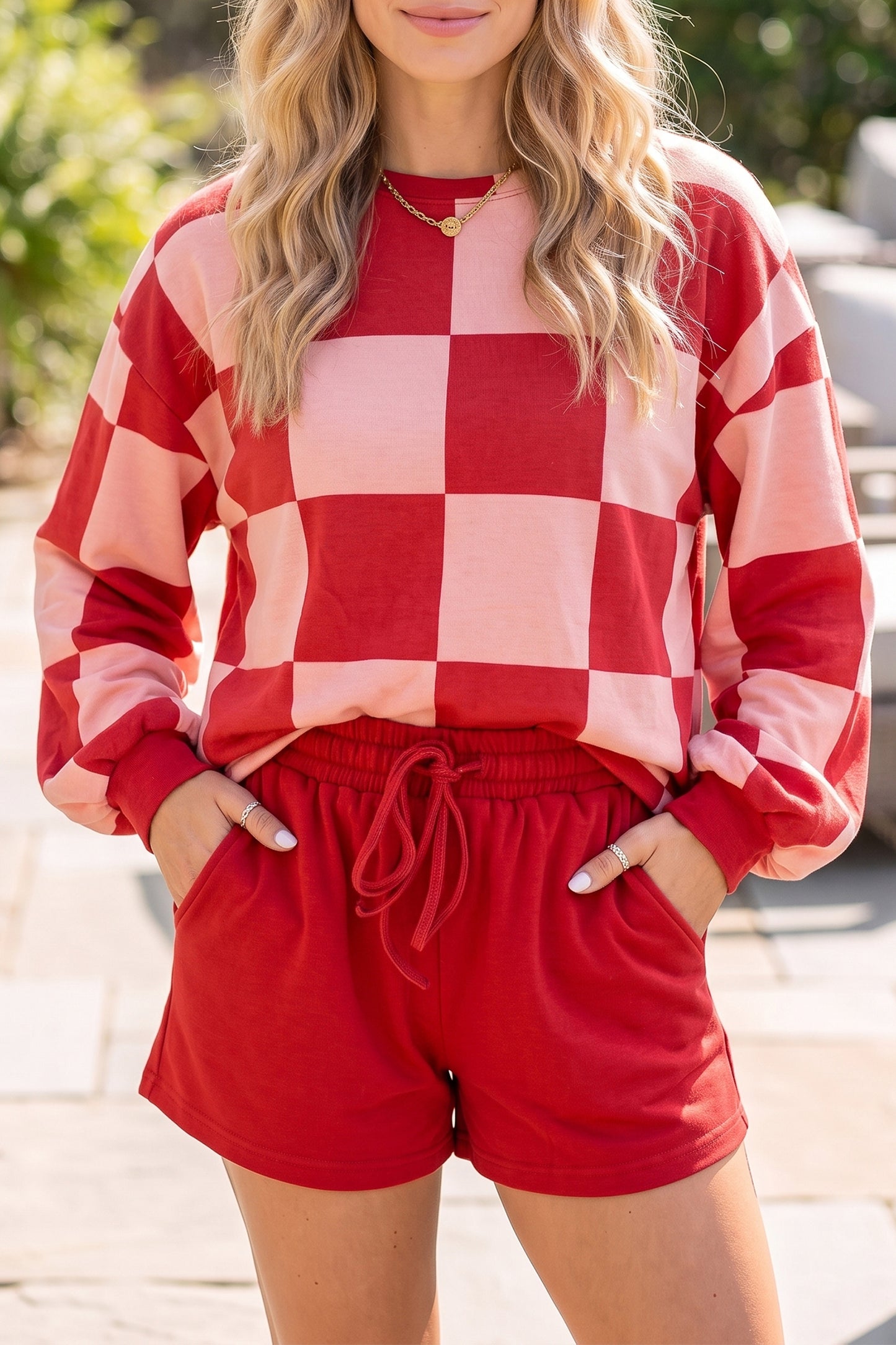 Checkered Long Sleeve Solid Color Shorts Set