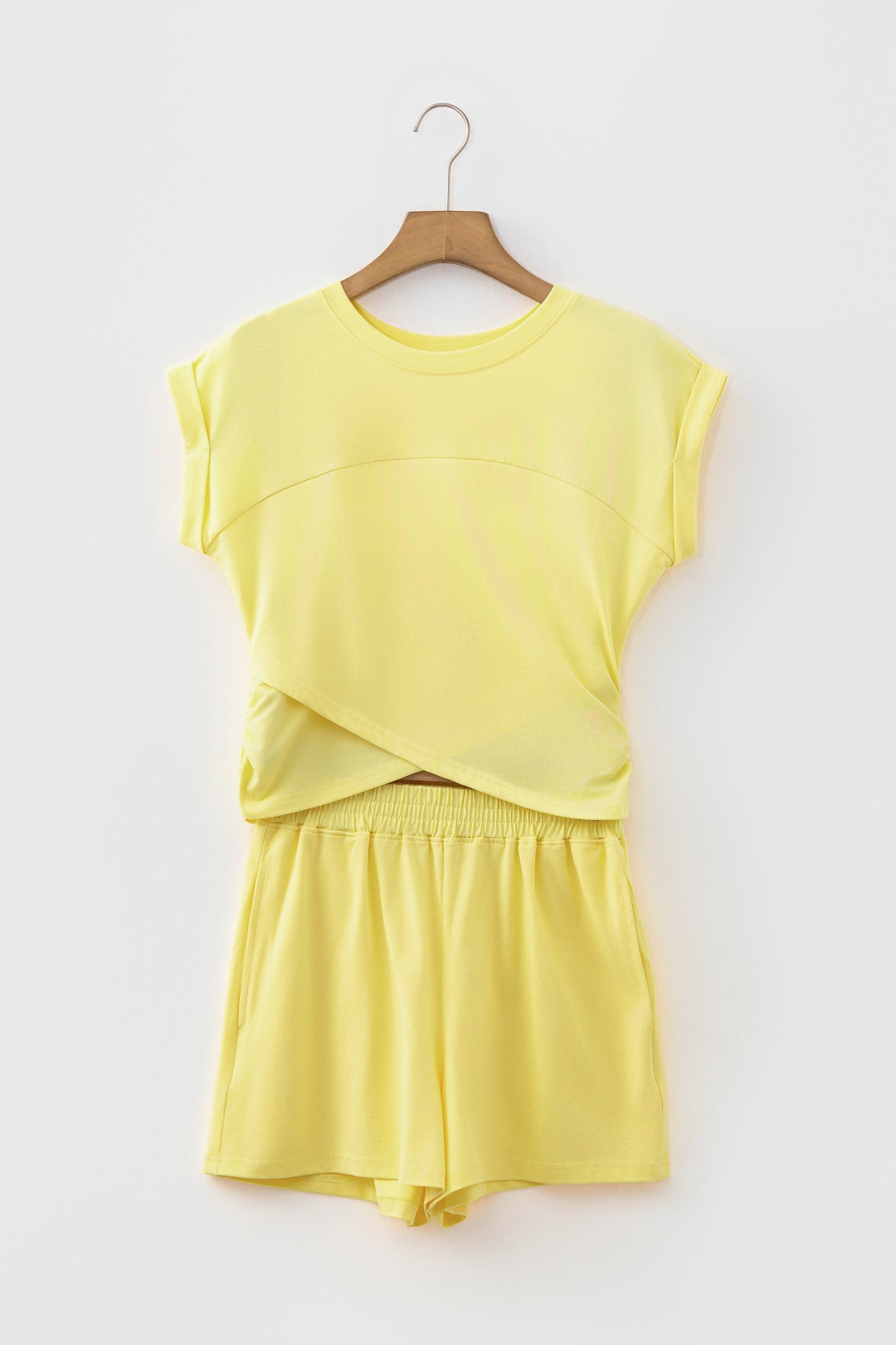 Mint Green Solid Short Sleeve Elastic Waist Pocket Casual Two Piece Short Set