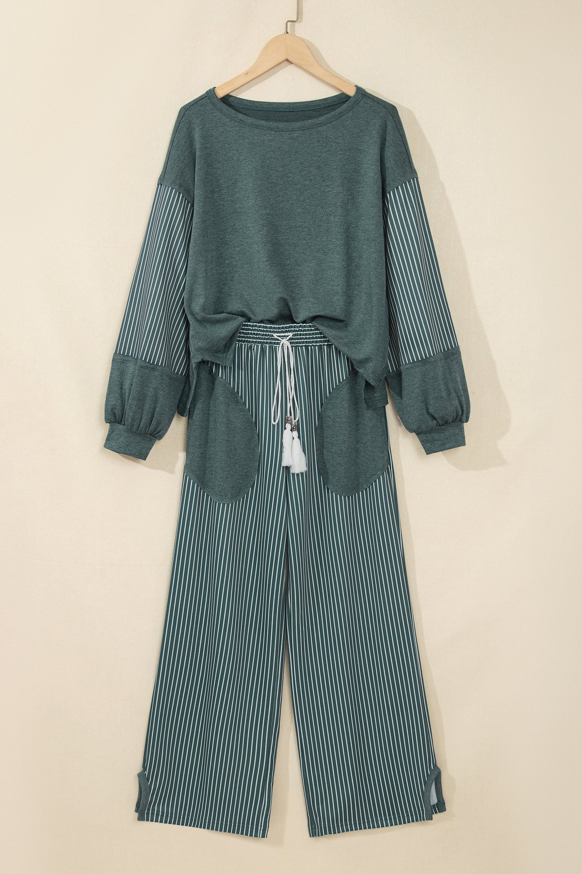 Raw Seam Patchwork Long Sleeve Top Pocket Casual Pants Set