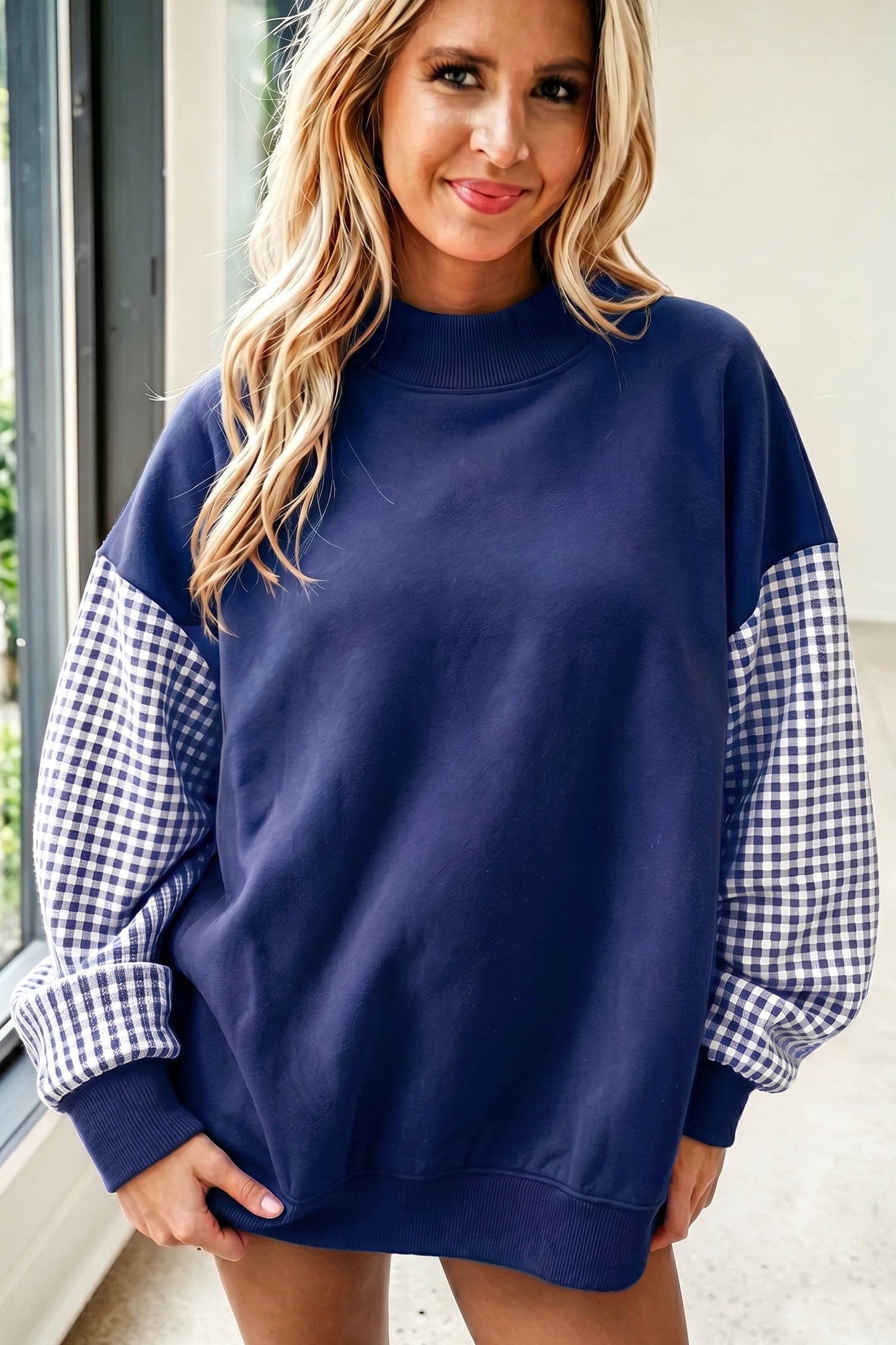Plaid Sleeve Colorblock Loose Sweatshirt