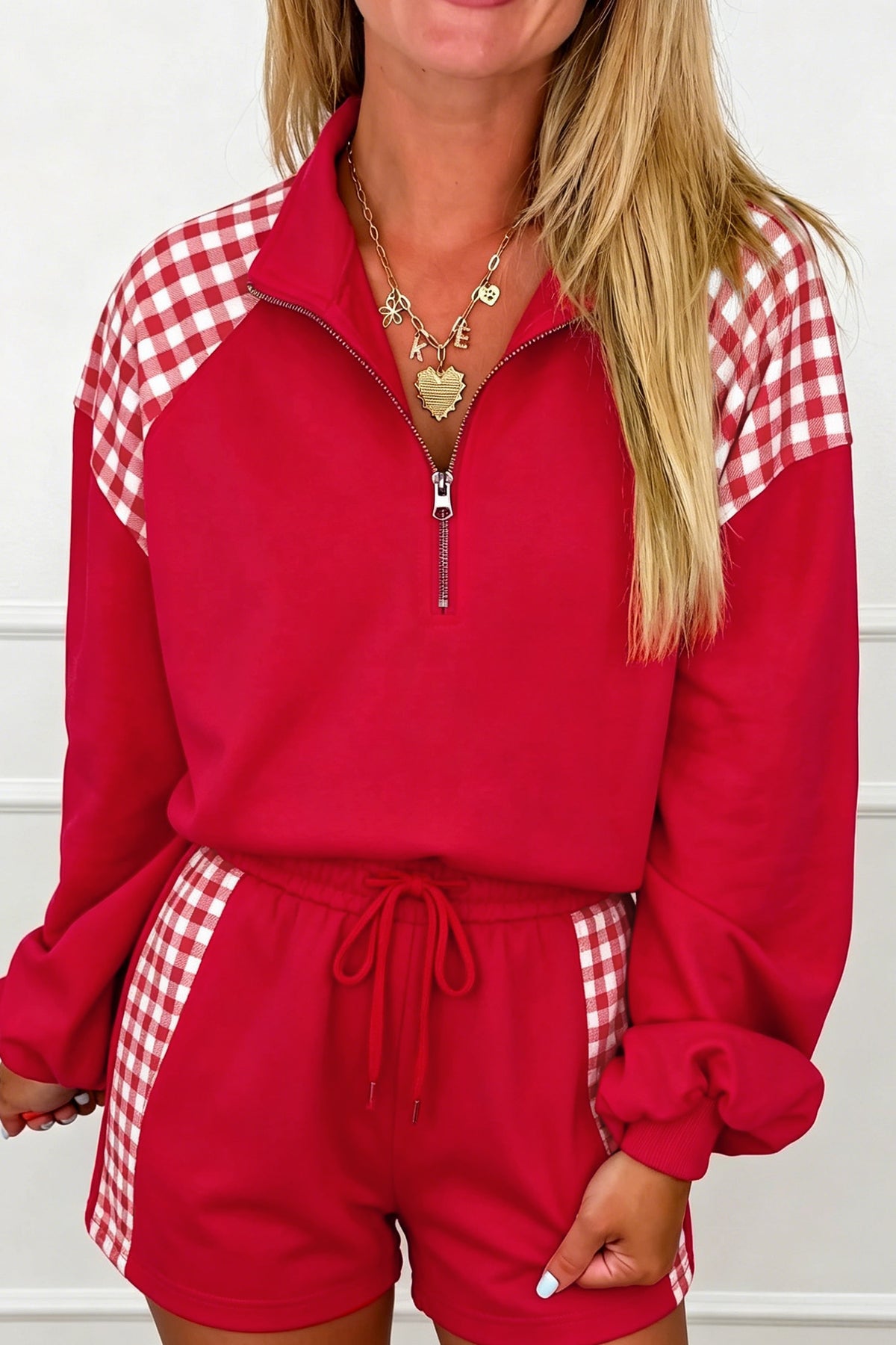 Plaid Patchwork Half Zip Pullover Drawstring Short Set