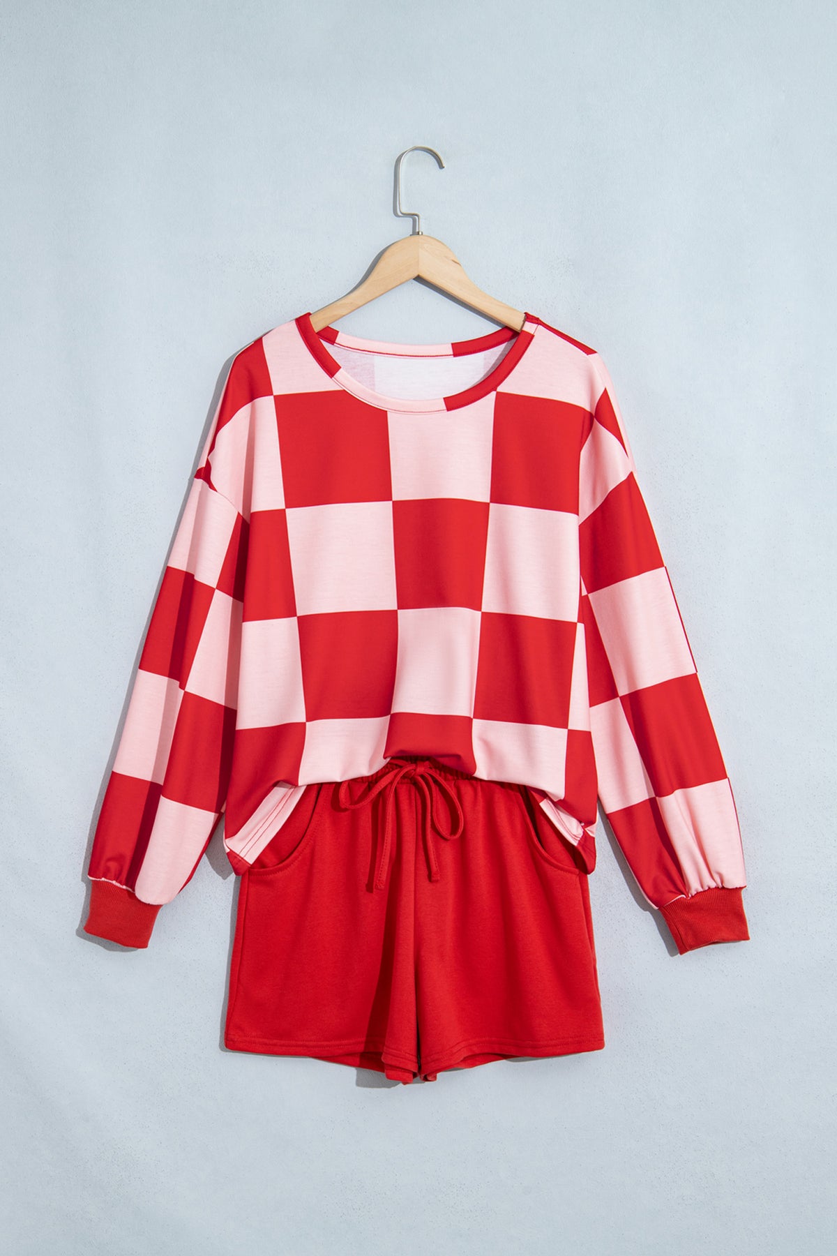 Checkered Long Sleeve Solid Color Shorts Set