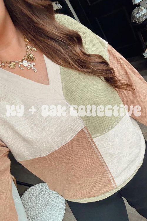 Mixed Texture Color Block Patchwork V Neck Long Sleeve Top