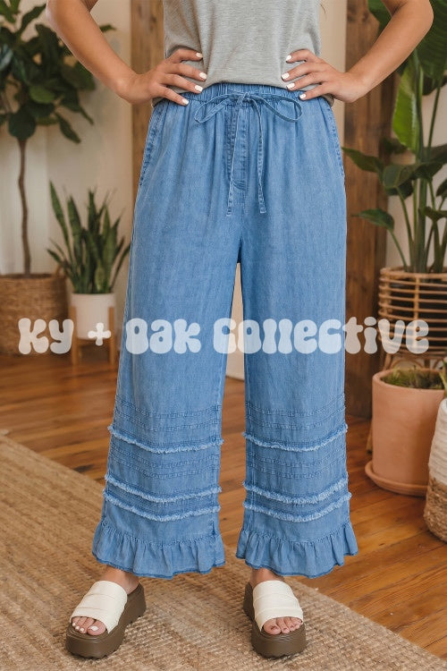 Dusk Blue Tiered Raw Edge Ruffled Wide Leg Denim Pants