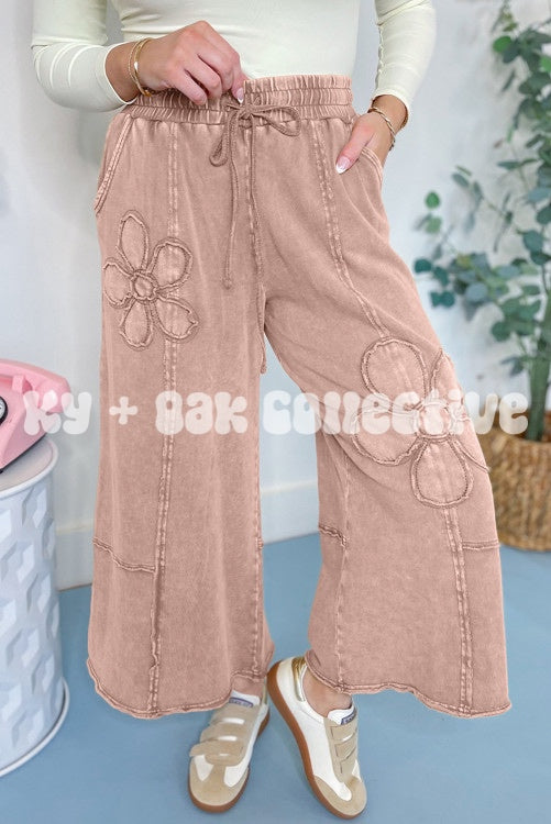 Flower Patch Mineral Washed Terry Knit Wide Leg Pants