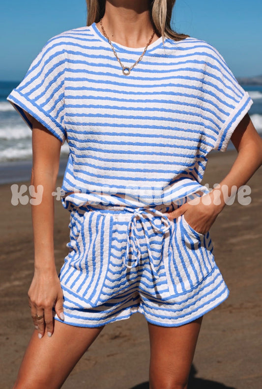 Sky Blue Striped Textured Lounge Set