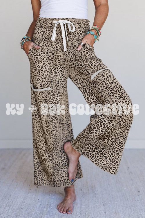Khaki Animal Print Wide Leg Terry Knit Pants