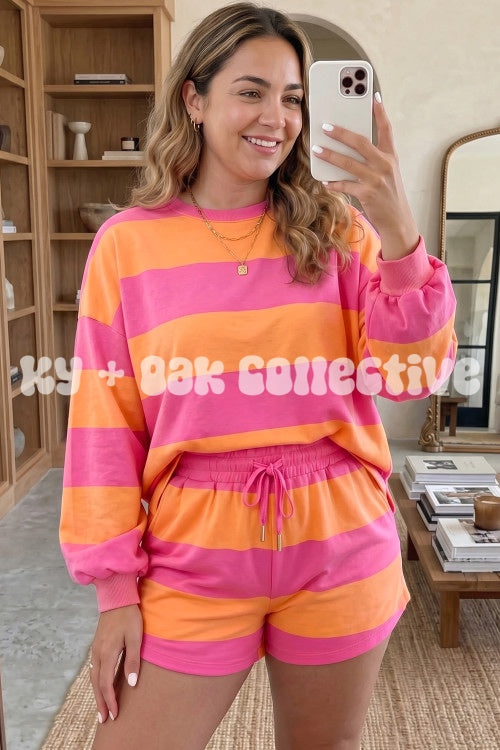 Pink + Orange Striped Long Sleeve Lounge Set