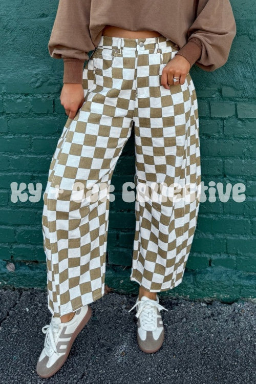 White + Brown Checkered Denim Barrel Pants