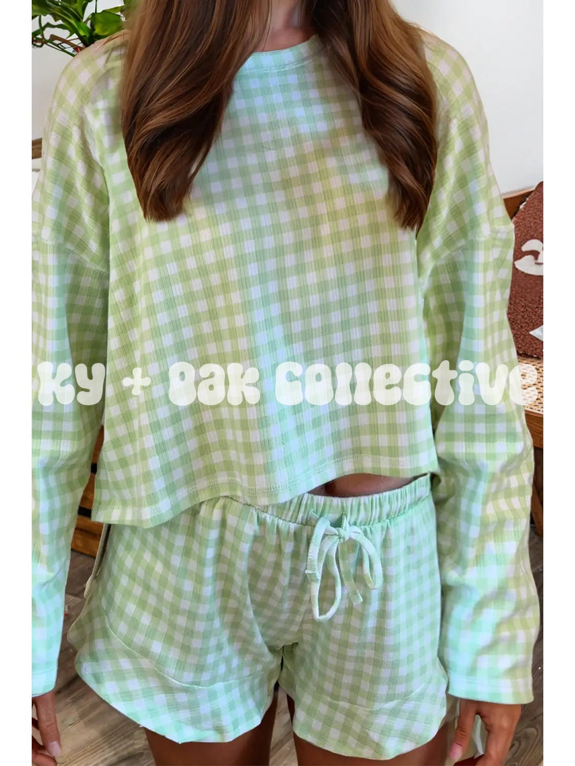 Green Gingham Long Sleeve Lounge Set