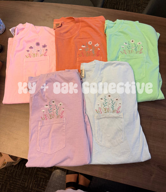 Embroidered Wildflower Comfort Colors Pocket Tee - RTS