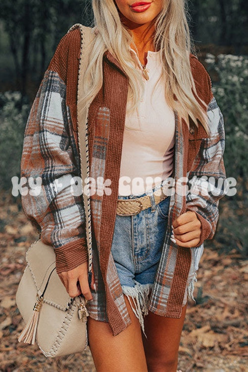 Plaid Corduroy Patchwork Shacket