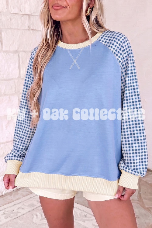 Light Blue Gingham Long Sleeve Top