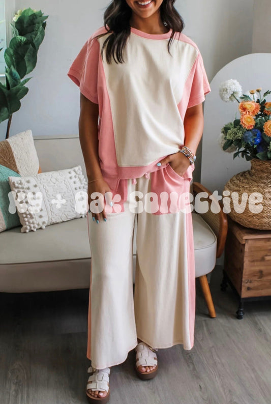 Pink + White Colorblock Tee + Pants Set - RTS