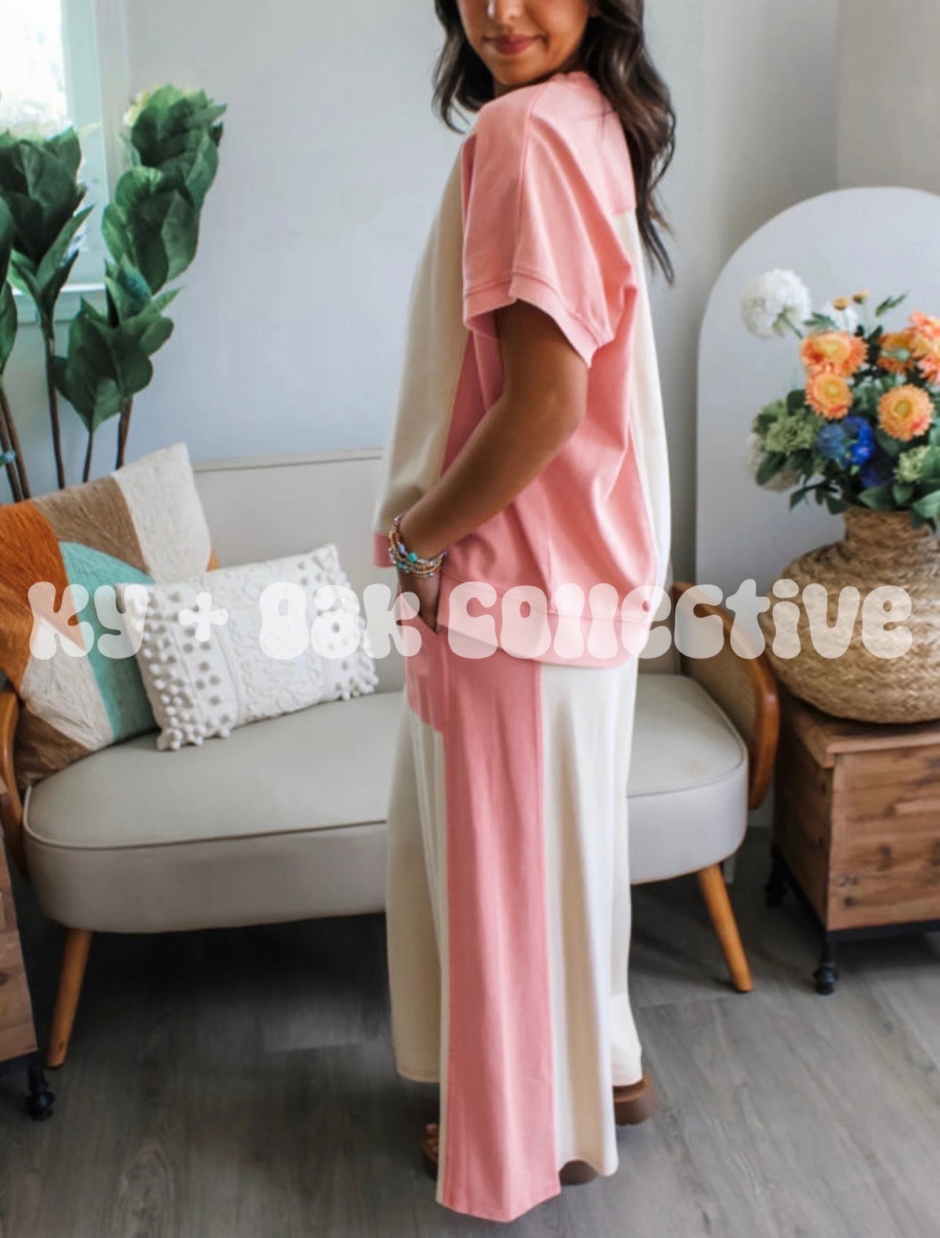 Pink + White Colorblock Tee + Pants Set - RTS
